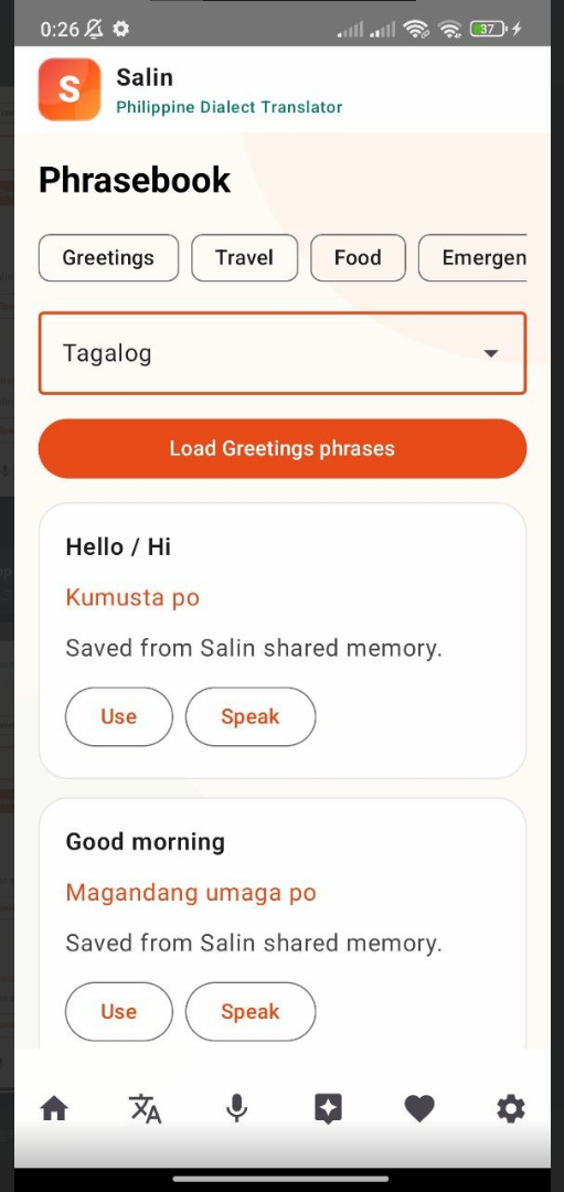 Complete Salin Phrasebook screen on Android with status bar and system navigation
